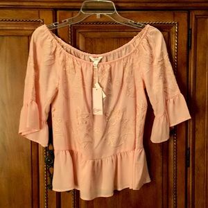 Blush pink off the shoulder blouse